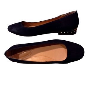 CALVIN KLEIN Black Suede Fridelle Flats with Gold  Embellishments 7.5